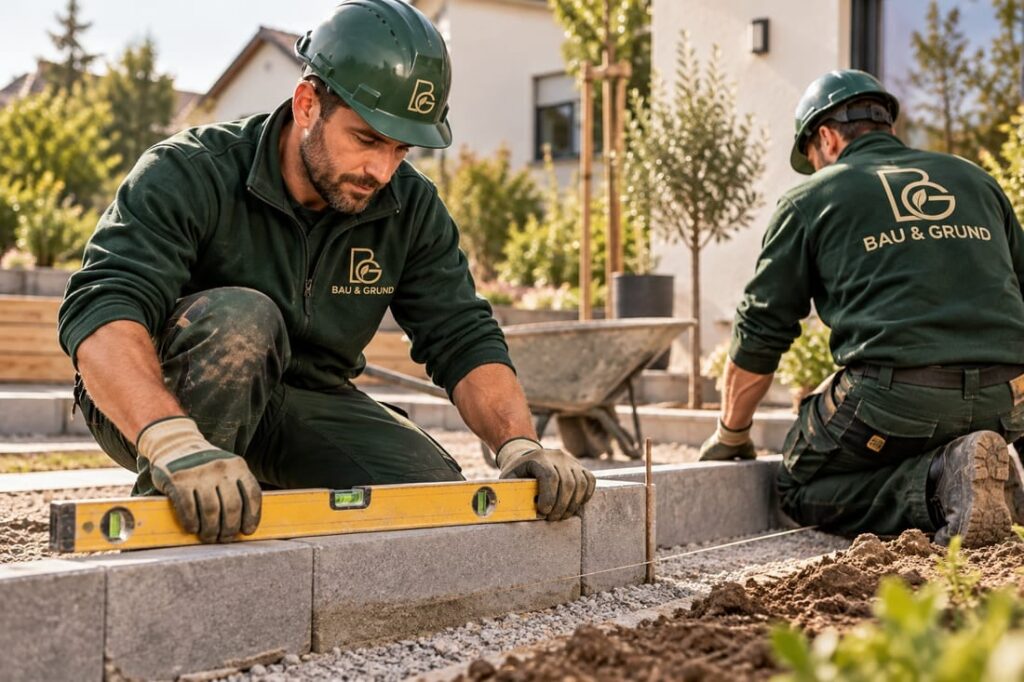 KI-Beispielmotiv: Bau, Personen bei der Arbeit in Arbeitskleidung mit BAU & GRUND Logo