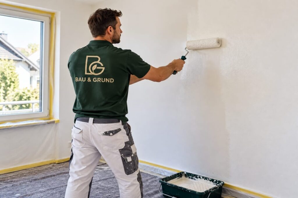 KI-Beispielmotiv: Sanierung, Personen bei der Arbeit in Arbeitskleidung mit BAU & GRUND Logo