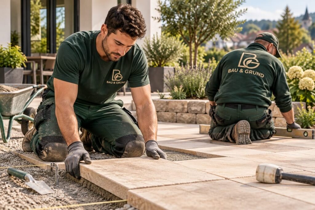 KI-Beispielmotiv: Gartenbau & Außenanlagen, Personen bei der Arbeit in Arbeitskleidung mit BAU & GRUND Logo