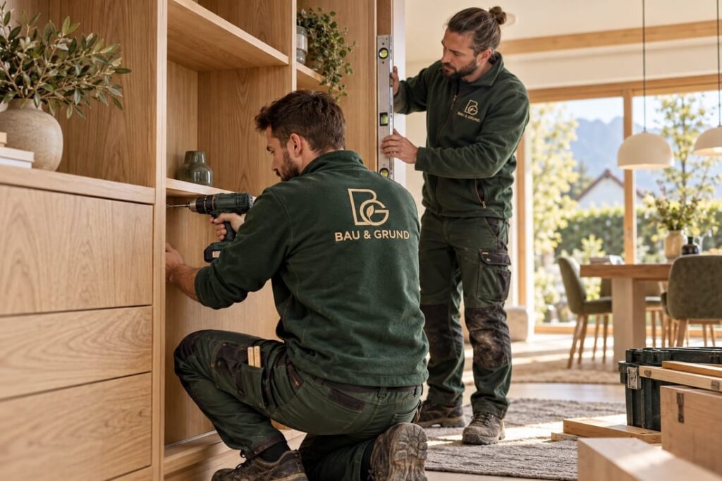 KI-Beispielmotiv: Montage & Innenausbau, Personen bei der Arbeit in Arbeitskleidung mit BAU & GRUND Logo