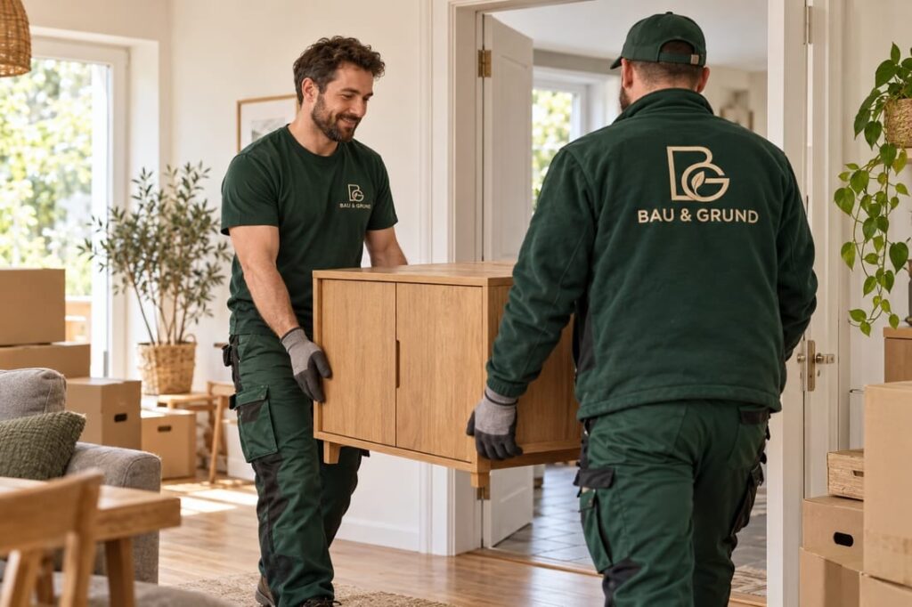 KI-Beispielmotiv: Entrümpelung, Personen bei der Arbeit in Arbeitskleidung mit BAU & GRUND Logo