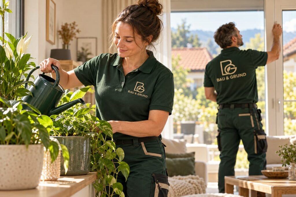 KI-Beispielmotiv: Haus- & Urlaubsbetreuung, Personen bei der Arbeit in Arbeitskleidung mit BAU & GRUND Logo