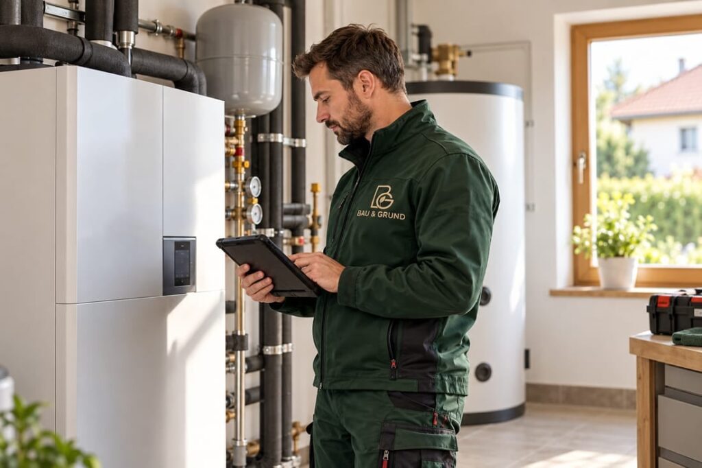 KI-Beispielmotiv: Haustechnik, Personen bei der Arbeit in Arbeitskleidung mit BAU & GRUND Logo