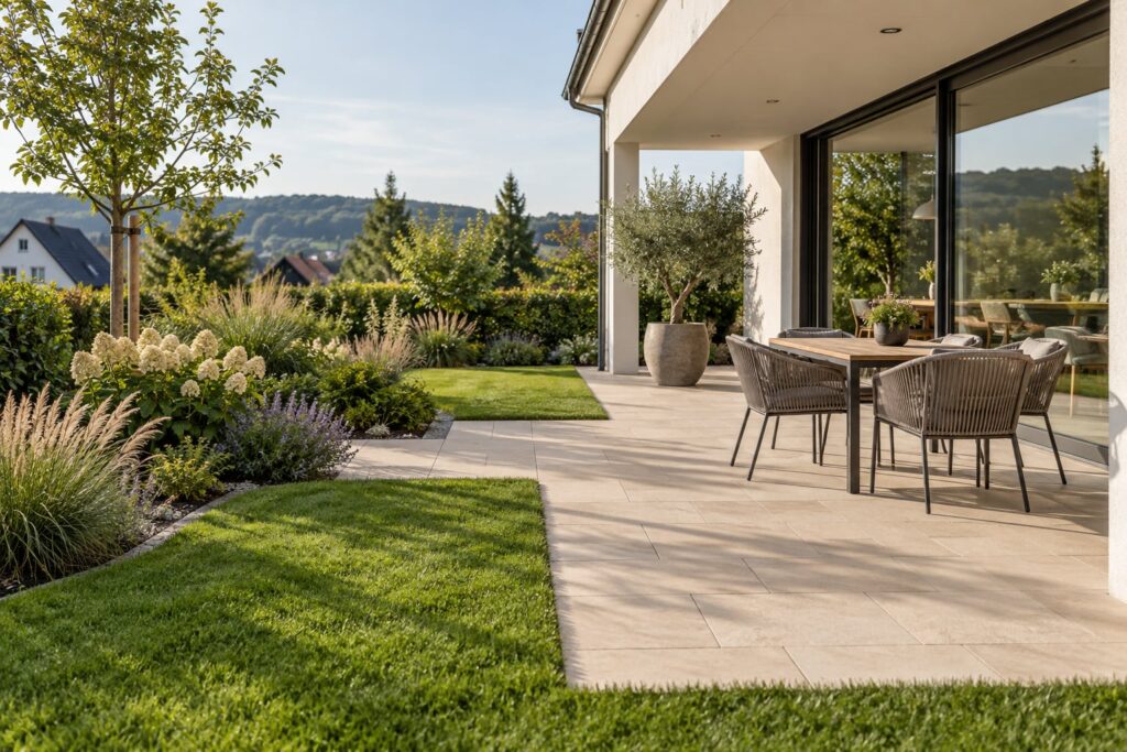 KI-generiertes Beispielbild: Steinterrasse mit gepflegtem Garten