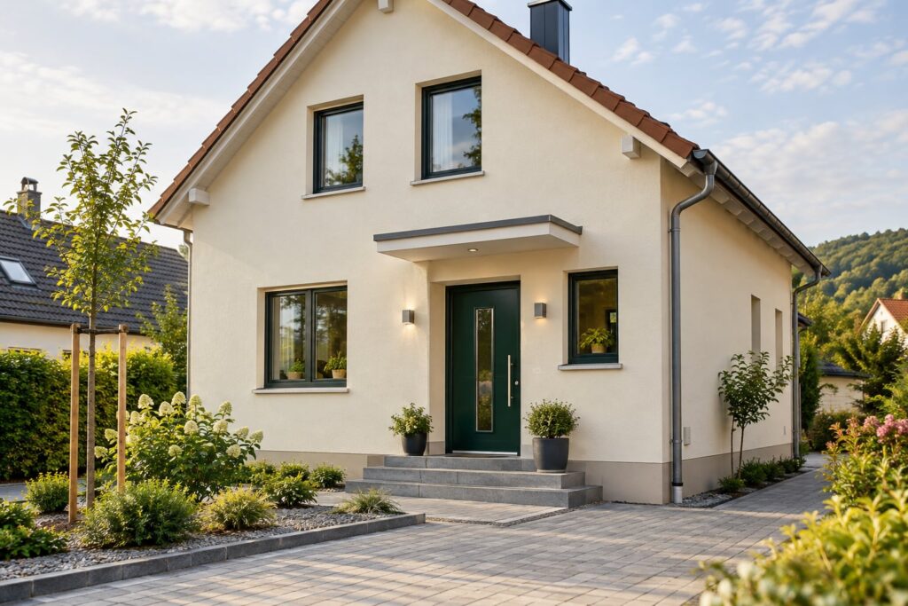 KI-generiertes Beispielbild: renoviertes Einfamilienhaus mit Vorgarten